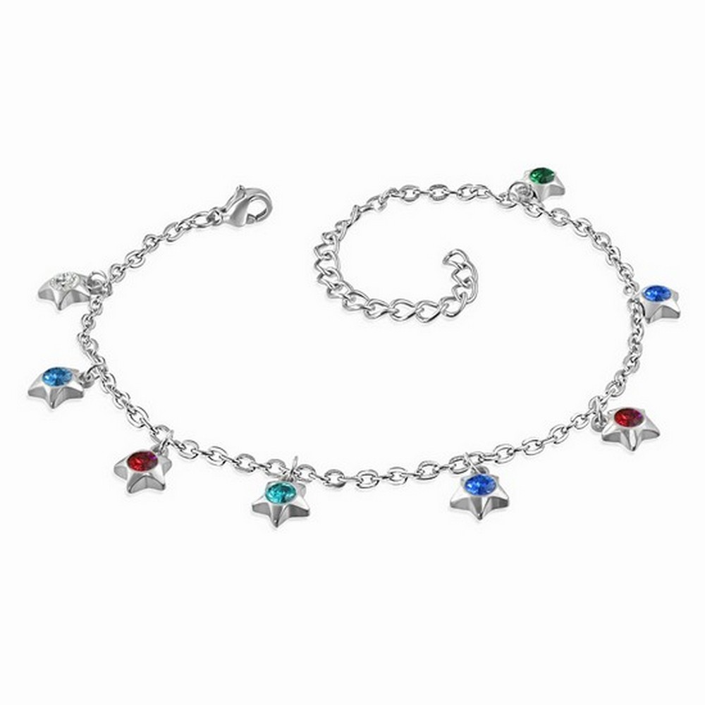 Stainless Steel Silver-Tone Multicolor Crystals CZ Stars Anklet Bracelet