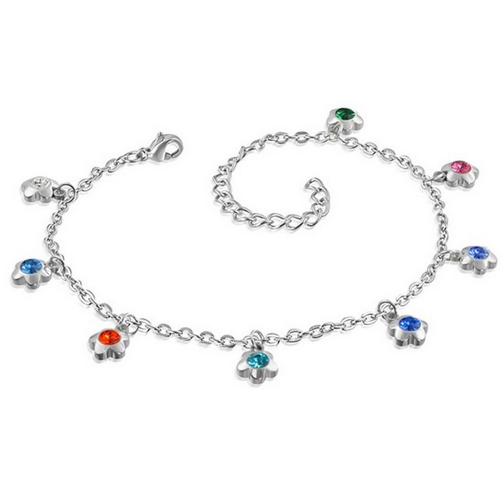 Stainless Steel Silver-Tone Multicolor Crystals CZ Flowers Anklet Bracelet