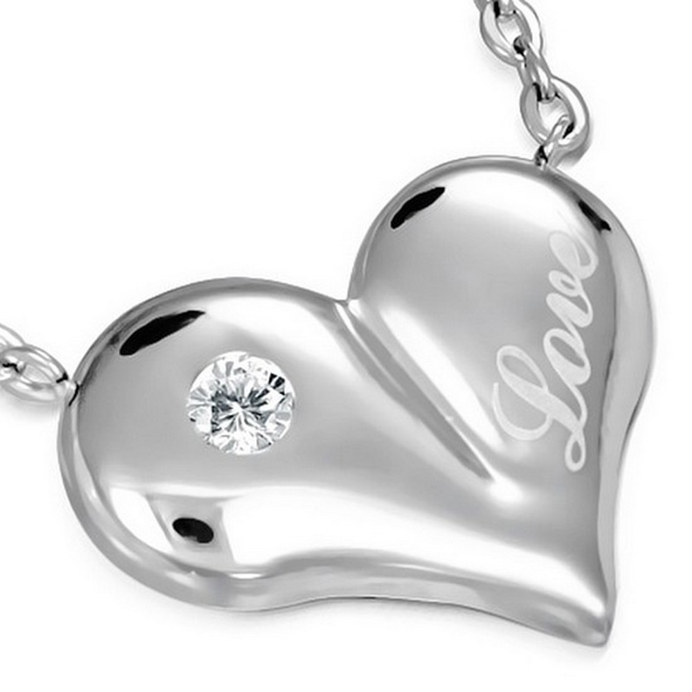 Stainless Steel Silver-Tone White Crystal CZ Love Heart Pendant Necklace main product image