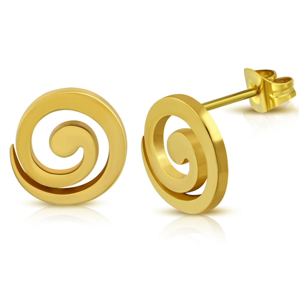 Stainless Steel Yellow Gold-Tone Swirl Stud Earrings, 0.50″