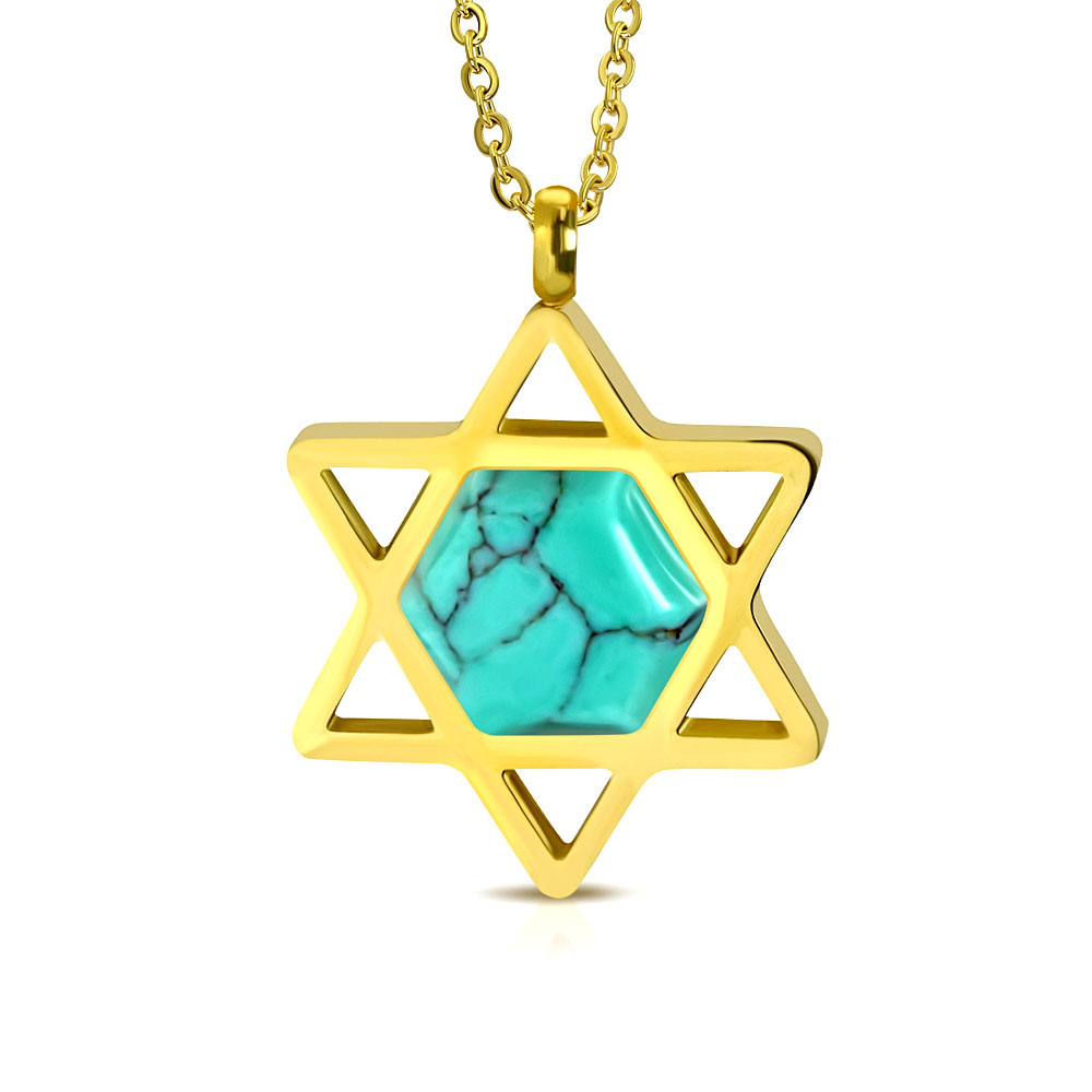 Stainless Steel Simulated Turquoise Jewish Star of David Pendant Necklace, 20" - Picture 5 of 7