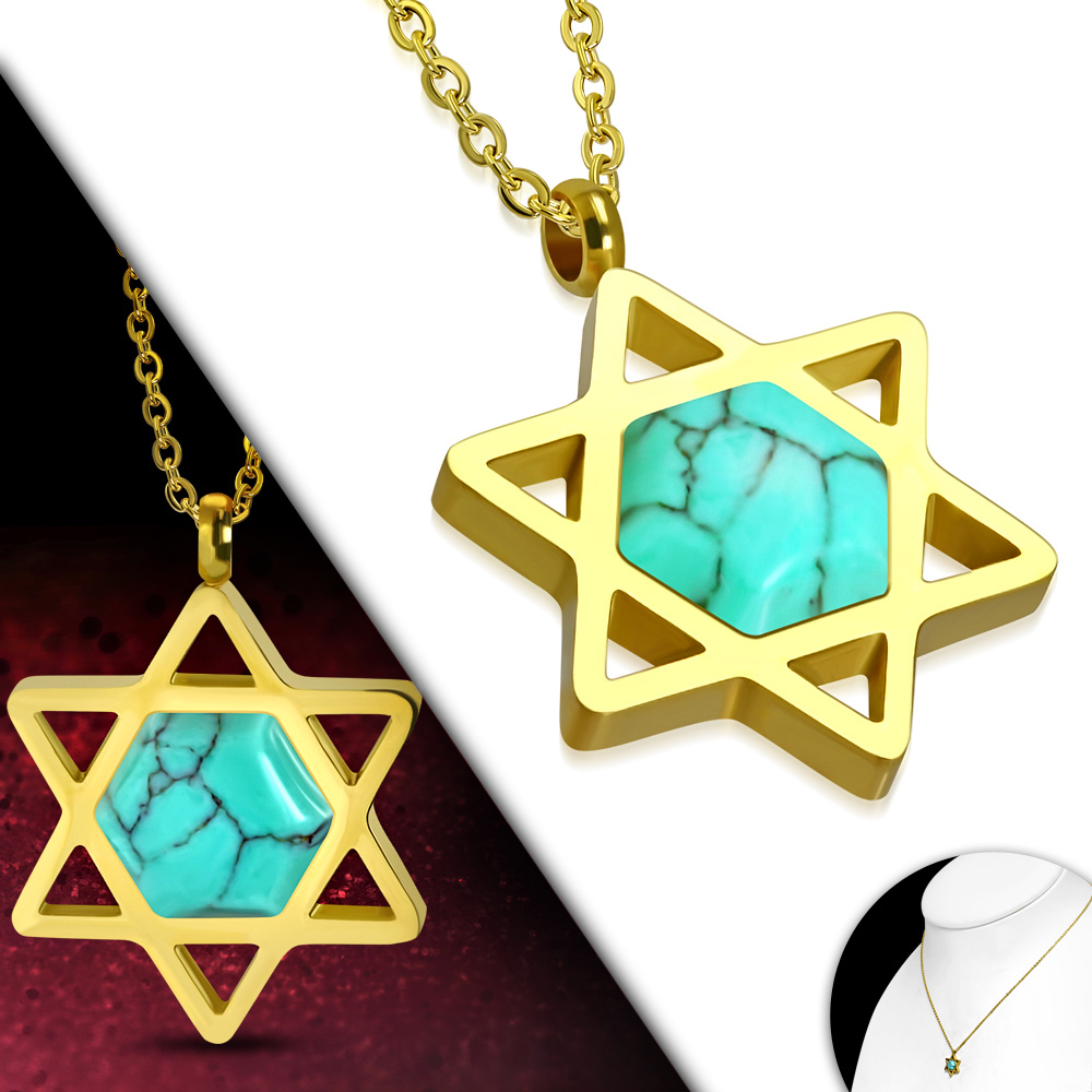 Stainless Steel Simulated Turquoise Jewish Star of David Pendant Necklace, 20" - Picture 6 of 7