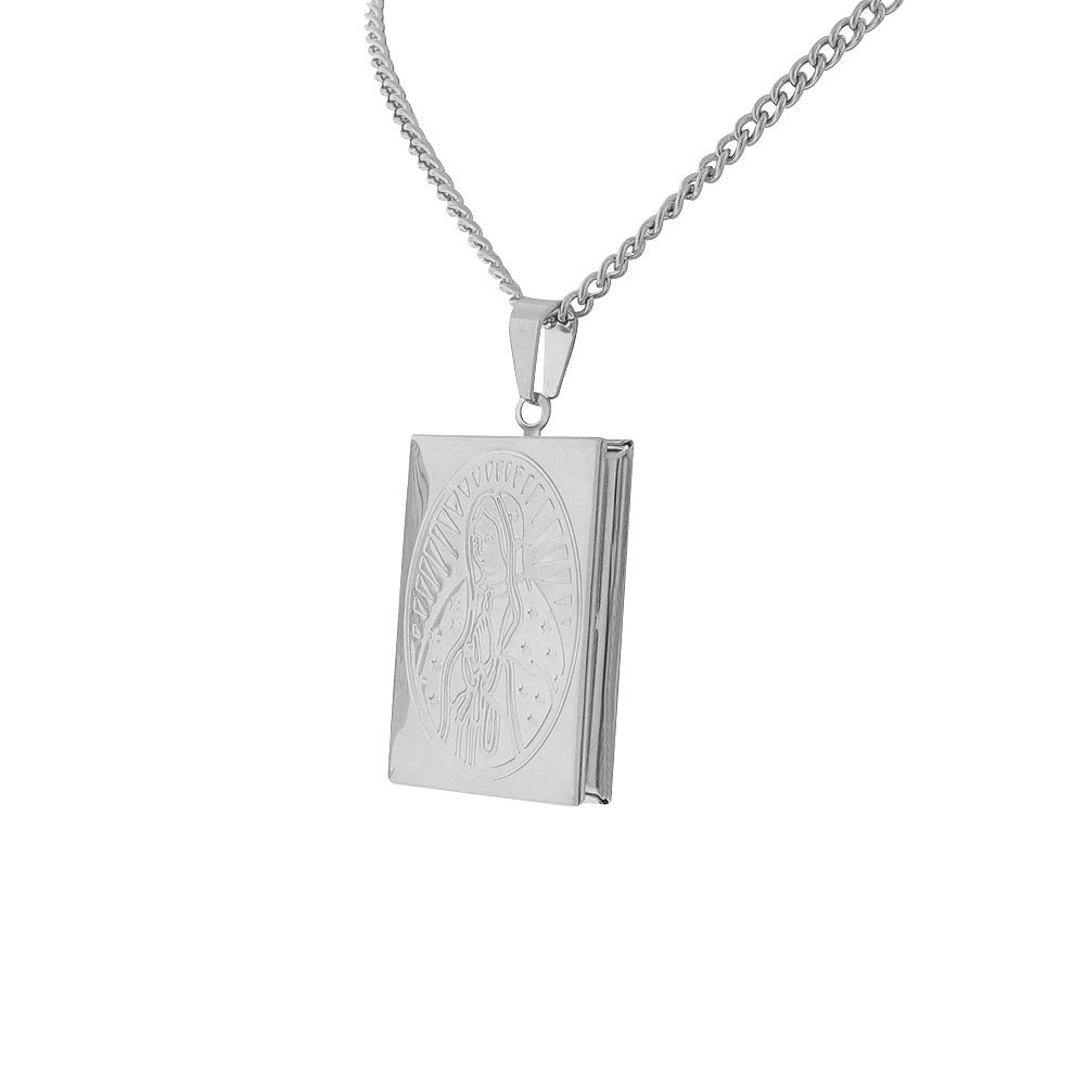 Stainless Steel Silver-Tone Religious Virgin Mary Bible Book Locket, 22" - Picture 3 of 11