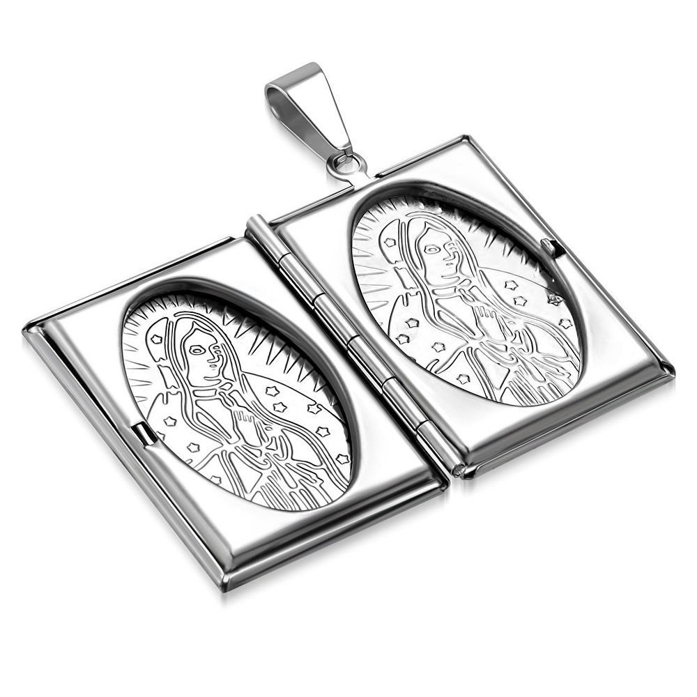 Stainless Steel Silver-Tone Religious Virgin Mary Bible Book Locket, 22" - Picture 5 of 11