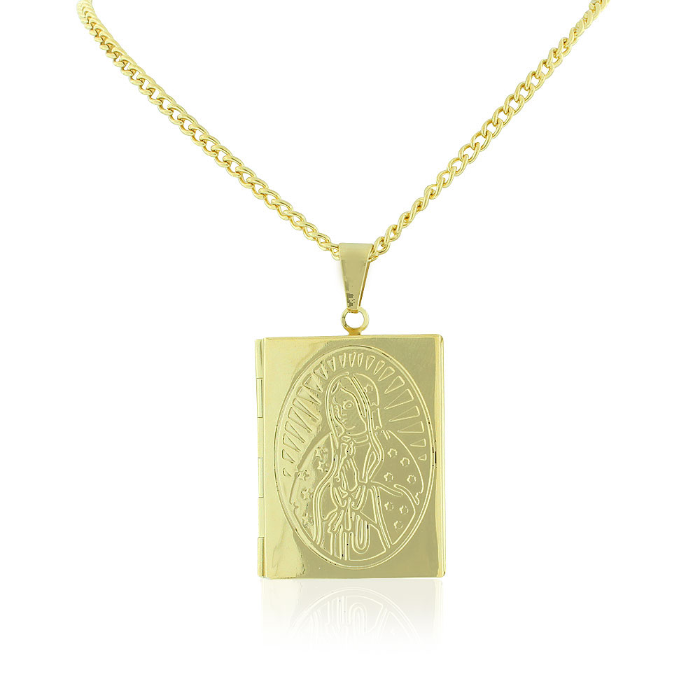 Stainless Steel Silver-Tone Religious Virgin Mary Bible Book Locket, 22" - Picture 7 of 11