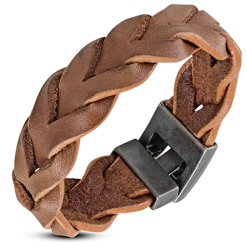 Bracciale da uomo in pelle intrecciata marrone in acciaio inox, 8" - Foto 2 di 7