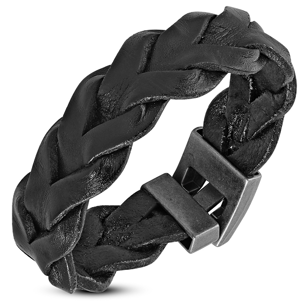Bracciale da uomo in pelle intrecciata marrone in acciaio inox, 8" - Foto 4 di 7
