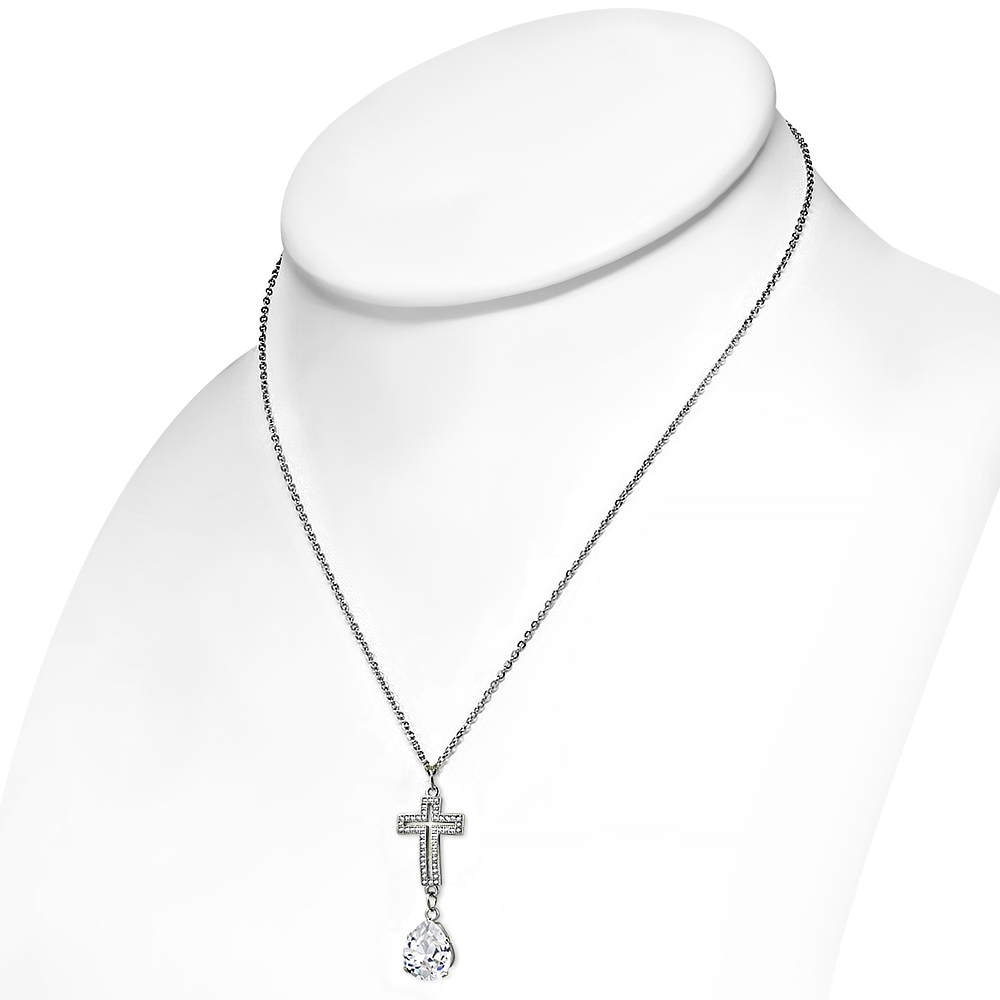 Stainless Steel White Clear CZ Womens Religious Cross Pendant Necklace - Picture 3 of 5