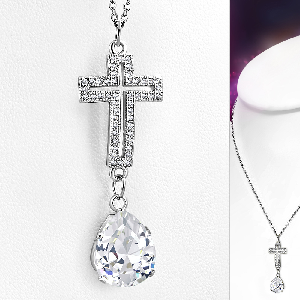 Stainless Steel White Clear CZ Womens Religious Cross Pendant Necklace - Picture 2 of 5