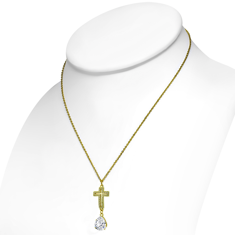 Stainless Steel White Clear CZ Womens Religious Cross Pendant Necklace - Picture 5 of 5