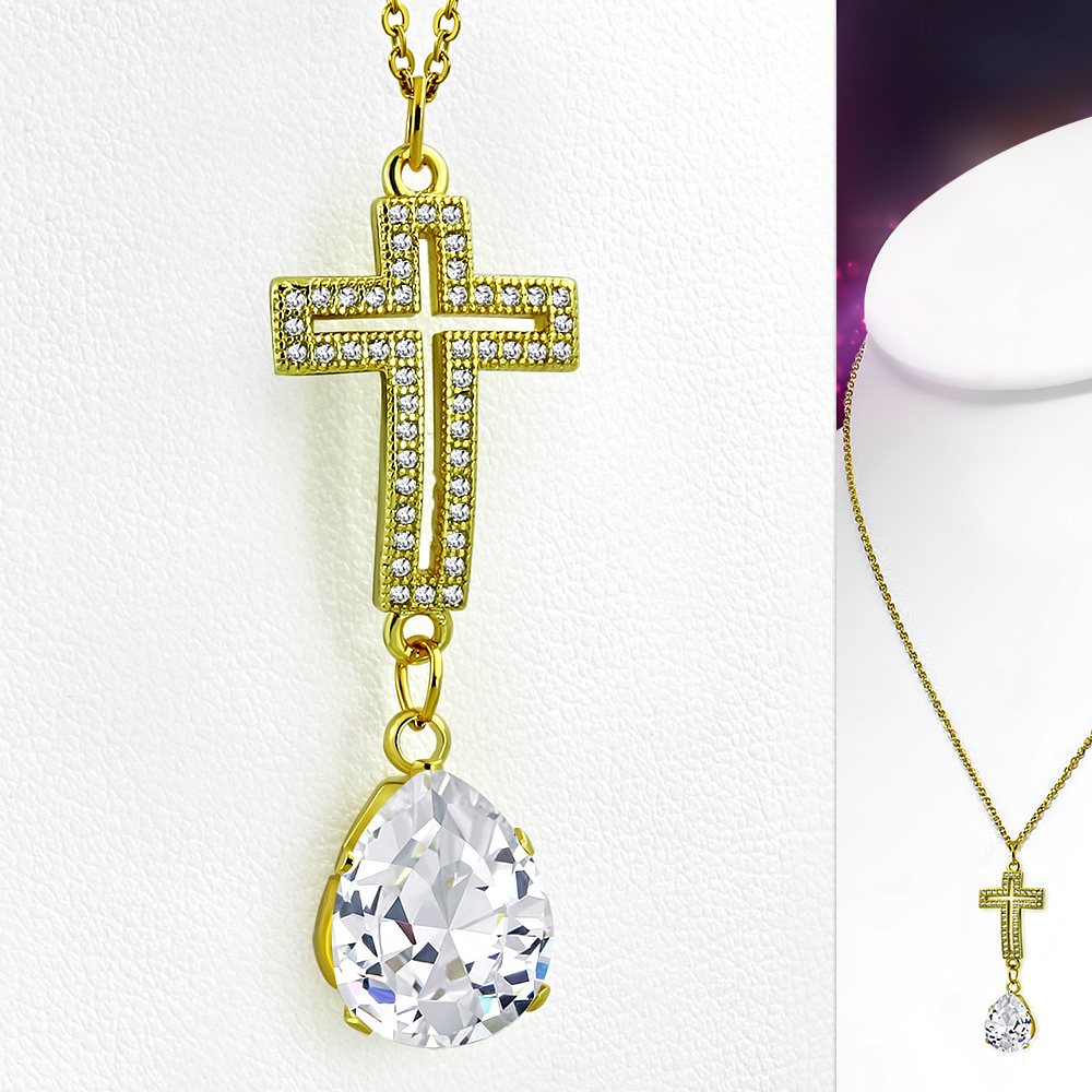 Stainless Steel White Clear CZ Womens Religious Cross Pendant Necklace - Picture 4 of 5