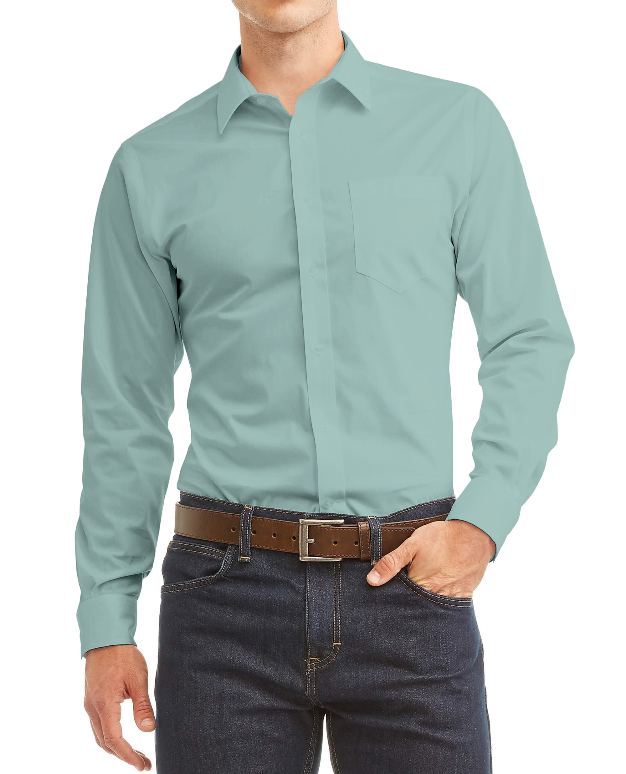 Men's Long Sleeve Regular Fit Button Up Pocket Solid Standard Cuff Dress Shirt - Picture 144 of 145